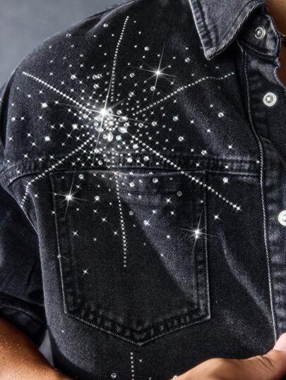 Street Life Camisa vaquera de solapa única con aplicaciones de rhinestones para hombres