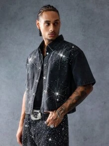 ROMWE MEN Street Life 男士水钻装饰单排扣牛仔衬衫 - 黑色 - 查看 4