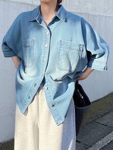 FRIFUL 女士蝙蝠袖单排扣宽松休闲口袋牛仔衬衫长袖 - 藍色 - 查看 4