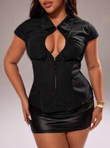 Rustia Plus Size Women's Elegant Commuter Hollow Front Button Collar Office Style Short Sleeve Blouse, Autumn/Summer Women's Clothing, Summer Wear, Plus Size Summer Wear, Outerwear, Business Casual Women's Clothing