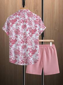 VENTUSAIL 男士花卉印花短袖衬衫和短裤休闲套装，适合度假穿着，舒适装扮 - 粉色 - 查看 2