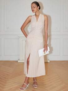Breezaya Pleated, Solid Color, Body-Con, Sleeveless, V-Neck, High Slit To Thigh, Waist-Cinched, Open Back With Bowknot, Flared Dress, Elegant, Sexy, Glamorous, For Occasions, Workwear, Minimalist, Spring/Summer Women - Apricot - View 3