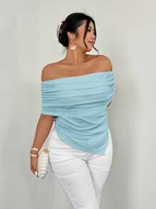 Firerie قميص كاجوال أنيق للنساء ذوات الأحجام الكبيرة، قطع الكتف، قماش مموج مرن، حواف غير متماثلة، مناسب للربيع والصيف