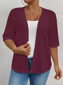 SHEIN LUNE Chaqueta de punto de punto abierto para mujer de talla grande - Burdeos - Ver 3