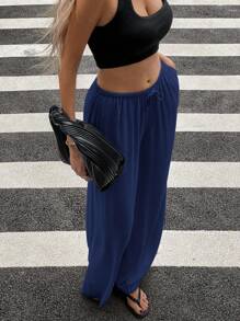 Siren Gaze Women's Linen Low-Waist Straight-Leg Casual Pants, Suitable For Vacation Wear, Spring/Summer Blue - Navy Blue - View 8