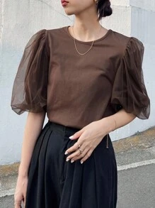 FRIFUL 女士纯咖啡棕色圆领网眼拼布休闲百搭短袖 T 恤 - 咖啡棕 - 查看 5