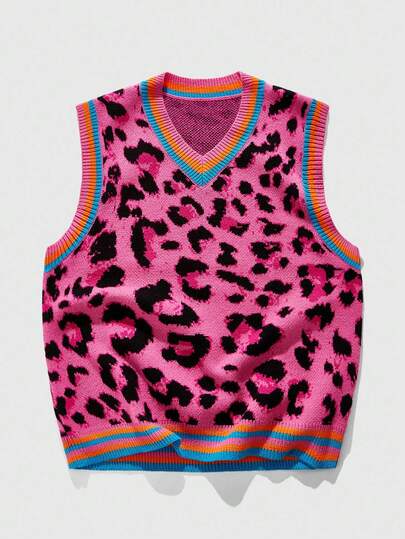 Street Life Men's Casual V-Neck Striped & Leopard Print Knit Vest, Autumn