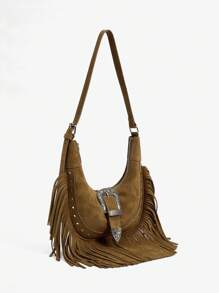 SHEIN ICON 女士单肩包、流浪包、时尚、个性、简约、百搭、街头、甜美酷炫女孩、辣妹、Y2K、复古、铆钉、复古、流苏、牛皮印花、西式、波西米亚风、音乐节、青少年 - 棕色 - 查看 3