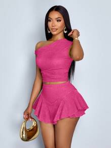SOLERSUN Women's Pink Summer Seksi Chic Two Pieces Off-Shoulder Tops And Asymmetric Hem Skirt Suits,Elegant Textured Clothing For Party Gathering Club - Hot Pink - View 4