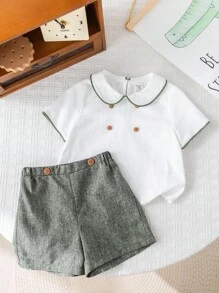 2 件套可爱男婴休闲夏季 Polo 领衬衫和短裤套装，绅士装适合生日派对、晚会、表演、婚礼、婴儿洗礼、一个月生日、洗礼和一岁生日庆祝 - 彩色 - 查看 3