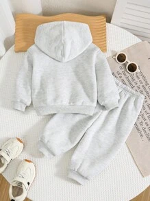 SHEIN 两件套男/女婴恐龙印花连帽衫和运动裤套装，舒适百搭，时尚休闲，适合室内、室外、日常穿着、运动、玩耍、派对、拍照、度假、返校、秋冬季穿着。男婴运动服套装，男婴运动裤套装，男婴运动套装，男婴恐龙运动服套装，男婴连帽衫套装，秋季 - 灰色 - 查看 2