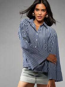 MISSGUIDED Oversized Button Down Collar Shirt Wide Cuff Striped Long Sleeve Office Wear Professional Business Casual Spring Fall Fashion Top Classic Navy White Stripe Pattern