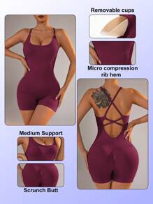 Slayform Women's Solid Color Criss-Cross Back Strap Yoga Sports Romper Workout Bodysuit Women Seamless Workout Jumpsuits Bodysuits For Women Tummy Control Yoga One Piece One Piece Workout Jumpsuit Yoga Bodysuit Yoga Jumpsuit Bodysuit Tummy Control One Piece Workout Set Tummy Control Bodysuit - Bold Plum - View 3