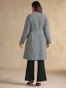 Flouryn Plus Size Women's Black & White Herringbone Pocket Belted Bow Overcoat Winter Fall Autumn - Black and White - View 2