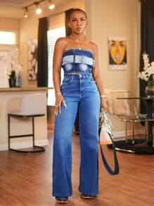 BamGleam Áo crop top denim buộc dây hở vai gợi cảm dành cho nữ - Rửa tối - Xem 2
