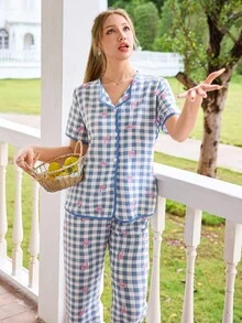 SHEIN Blue & White Plaid Bow Decor Short Sleeve Women Pajama Set - Multicolor - View 5