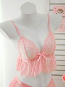 SHEIN Bộ 2 chiếc áo ngực không dây và quần lót ren gợi cảm cho nữ khi đi chơi - Hồng - Xem 7