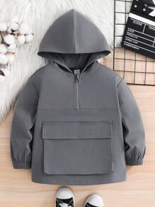 SHEIN 兒童小男孩純色連帽冬季外套，寬鬆版型多功能舒適口袋外衣，適合秋季、職業日、返校季、旅行、運動、學校、休閒 - 灰色 - 查看 3