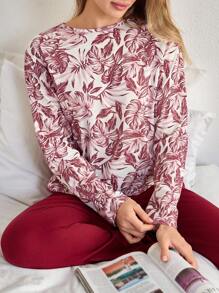 SHEIN Cottnline Plus Size Cotton PLUS Women 2 Pcs Floral Pattern With Roung Neck Long Sleeved ShirtSolid Colour Pants Homewear Set Lounge White Burgundy Autumn - Multicolor - View 6
