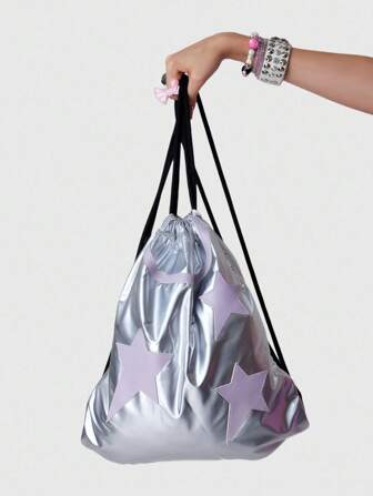 Grunge Punk Mochila con cordón y lazo estilo Y2K, linda y sexy, para mujeres. Bolsa con cordón minimalista, plateada y chic. Bolsa versátil, impermeable, ligera y de gran capacidad, plegable y adecuada para uso casual, viajes y transporte.