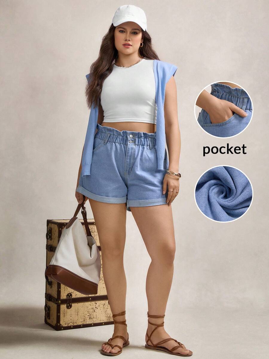 Zelara Plus Paperbag Waist Roll Up Hem Denim Shorts Back To School Back To School School Clothes Back To School Clothes  Homecoming Dress Teacher - Light Wash - View 1