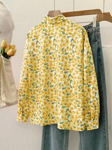 INAWLY Áo sơ mi nữ tay dài đơn hàng khuy đơn in hoa thường ngày - Màu vàng - Xem 2