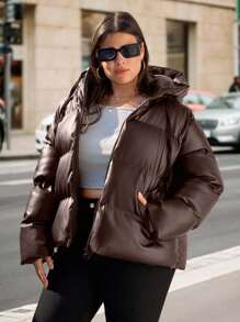 EURMUSE Plus Solid Zip Up Hooded Padded Coat - Coffee Brown - View 4