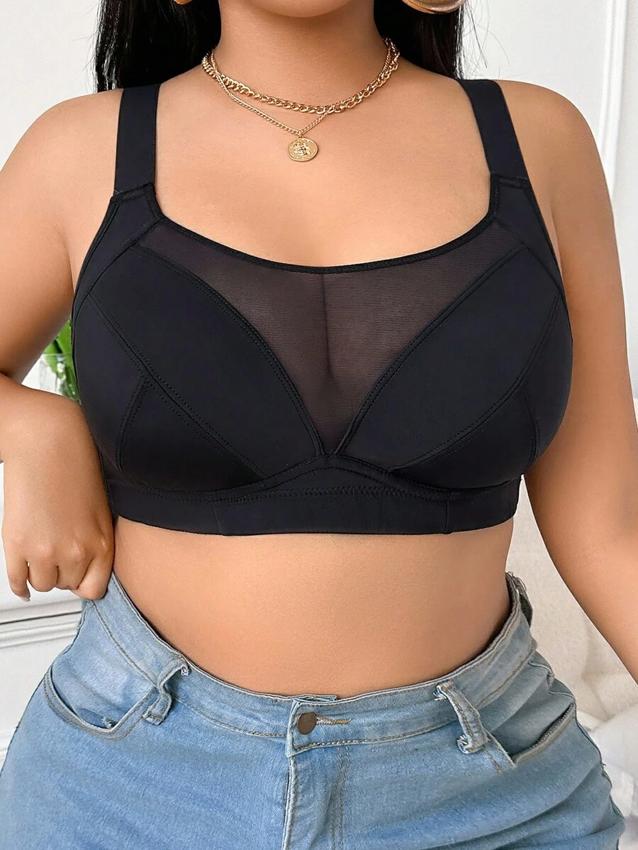 SHEIN 1 件大码女士黑色无钢圈舒适宽肩带文胸 - 黑色 - 查看 1