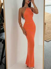 Aloruh 女士夏季度假海滩性感露背串珠花卉针织橙色吊带上衣 + 加长针织花卉图案短裙 2 件套秋冬性感女装 - 橘色 - 查看 7