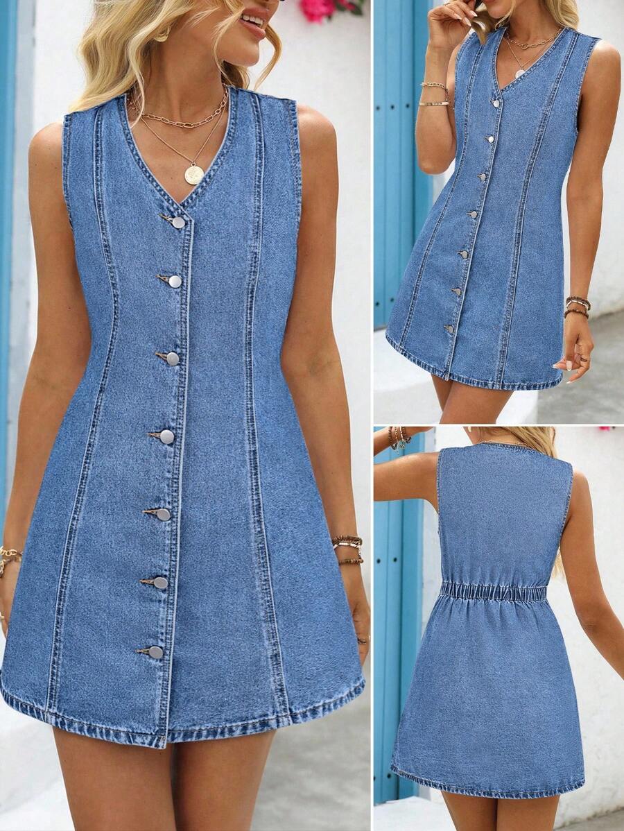 EMERY ROSE Váy denim lưng thun không tay, cổ chữ V, đơn hàng khuy, thường ngày dành cho nữ, mùa hè - Rửa nhẹ - Xem 1