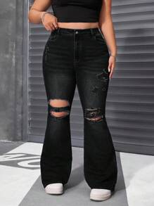 Quần jeans ống loe rách co giãn màu xanh đậm mùa hè cỡ lớn cho nữ - màu đen - Xem 5