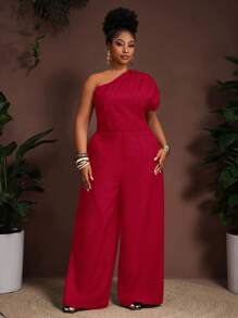 Slaydiva 2025 New Spring/Summer Plus Size Women's Graduation Party/Music Festival/Date/Vintage Western Vacation/Road Trip/Elegant Vacation/Tropical Vacation/Business Casual/Women's Vacation Jumpsuit - Deep Brown Single Shoulder Ruched Waist With Pockets Flared Leg Jumpsuit Plus Size Jumpsuit Jumpsuit For Women Wide Leg Jumpsuit Red Jumpsuit One Shoulder Jumpsuit - Red - View 7