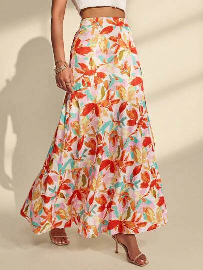Almamuse Women's Elegant Ditsy Floral High Slit Versatile Skirt Fall Cloth For Women