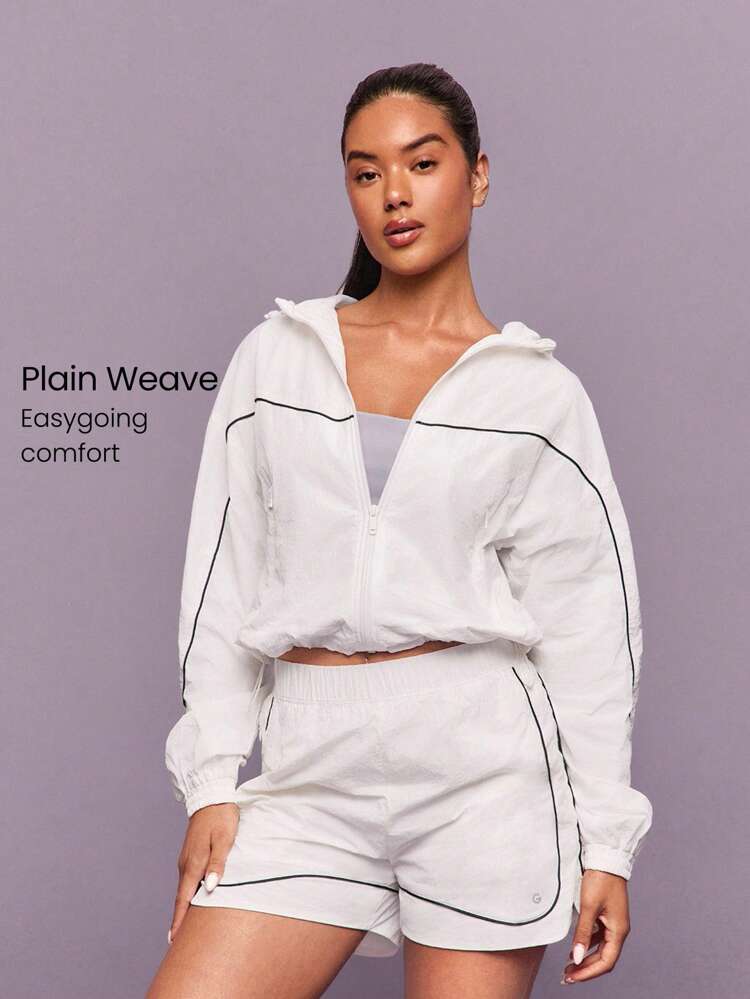 軽量コントラストパイピング調整可能なエラスティックバンド付きウインドブレーカーパーカージャケット、中程度のインパクトのランニング、ジョギング、ハイキング、ジム、スタジオ、デイリーカジュアルウェア