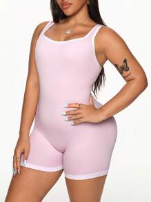 Gameset SHEIN Sport Plus-Size Women's Pink Sleeveless Romper With Shorts, Featuring An Open-Back Design, Hip-Lifting And Tummy-Control Effect, And Moisture-Wicking Fabric-Perfect For Outdoor Sports And Everyday Wear Pink Sweatpants