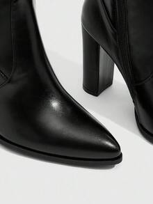 CUCCOO SZL 女士时尚黑色英伦风格骑士靴，性感尖头扣带粗跟修身高筒过膝正装靴 - 黑色 - 查看 6