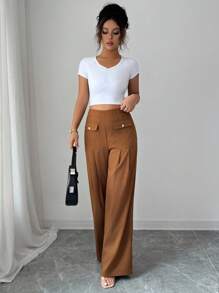 Elenzga Pantalones de traje elegantes para mujer con decoración de bolsillos, diseño plisado y botones de perla - Caqui - Ver 4