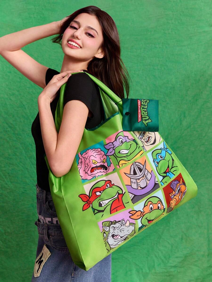TEENAGE MUTANT NINJA TURTLES | SHEIN 1 件卡通人物印花涤纶可折叠购物袋、手提袋，配有带珠链的小储物袋，可挂在包上，莱昂纳多、拉斐尔、米开朗基罗、多纳泰罗 - 綠色 - 查看 1