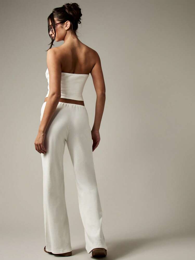 MISSGUIDED Conjunto de Loungewear sem Alças Canelado, Calça Palazzo de Cintura Elástica Macia, Roupa Casual Doméstica, Conforto, Lazer, Viagem, Resort, Férias, Verão, Primavera