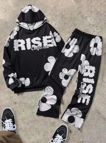 Set de 2 piezas de sudadera con capucha y pantalones acampanados con estampado grande de graffiti en estilo deportivo casual para niños adolescentes, adecuado para fiestas, eventos, bodas, bautizos, ceremonias de apertura, uso diario, escuela, viajes y temporadas de primavera, otoño e invierno