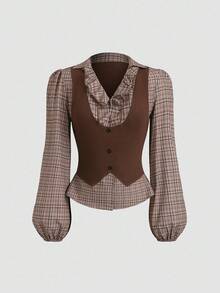 Sweetra Women's Retro 2 In 1 Plaid Patchwork Long Sleeve Shirt Blouse, Stylish Design, Suitable For Spring And Autumn Fall Cloth For Women - Coffee Brown - View 1