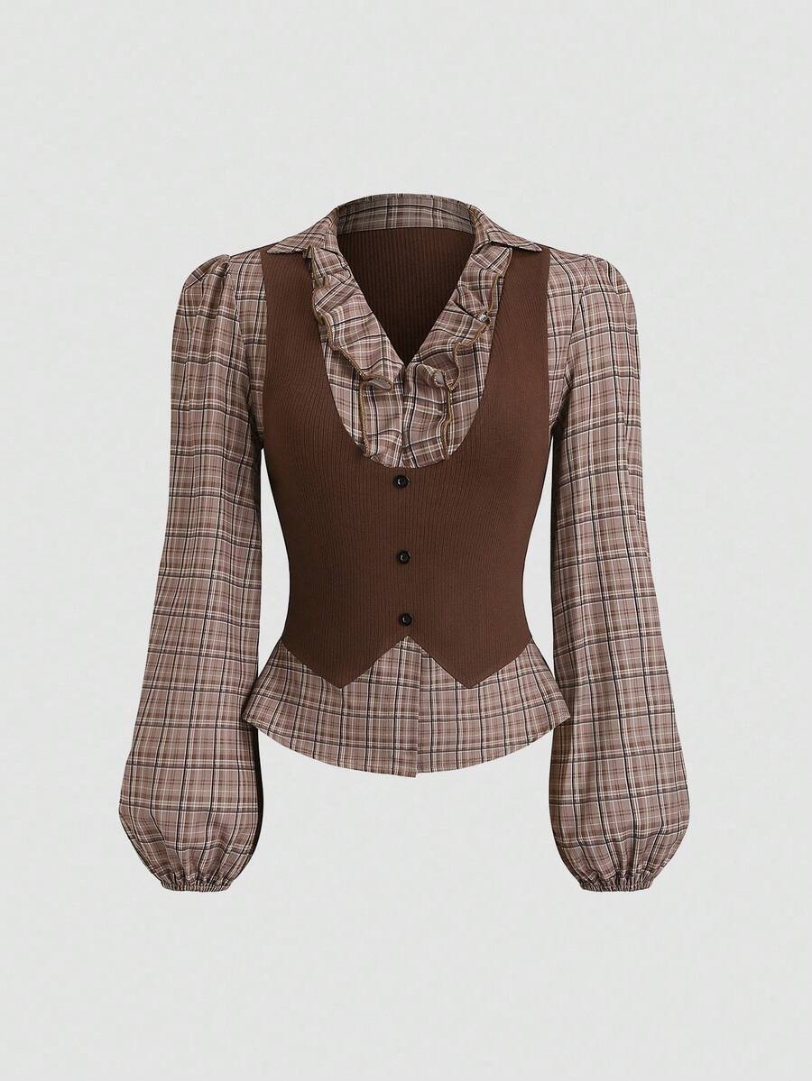 Sweetra Women's Retro 2 In 1 Plaid Patchwork Long Sleeve Shirt Blouse, Stylish Design, Suitable For Spring And Autumn Fall Cloth For Women - Coffee Brown - View 1