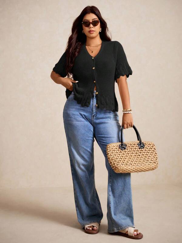 Elaquor Plus Size Minimalist Casual Solid Color Shell Trim Button Front Short Sleeve Cardigan Winter Fall Autumn