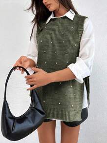 EURMUSE Round Neck Sleeveless Sweater With Pearls - Army Green - View 3