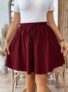 SHEIN LUNE Quần short nữ mùa hè thường ngày đơn giản màu trơn vải họa tiết buộc eo, quần short rộng màu đỏ tía, quần short màu hạt dẻ, quần short ống rộng, quần short nữ mùa hè, quần short thường ngày - Màu Đỏ Sâu - Xem 5