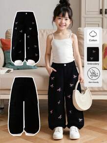 SHEIN Girls' Black Washed Casual Loose Fashion Cute Bow Embroidered Cargo Jeans With Multiple Pockets, Versatile And Stylish For Everyday Wear Fall Winter - Black - View 3
