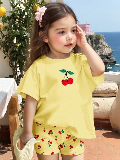 SHEIN Happikins Baby Girl Casual Minimalist Round Neck Loose Short Sleeve T-Shirt And Tight Cycling Shorts Set, Suitable For Spring/Summer