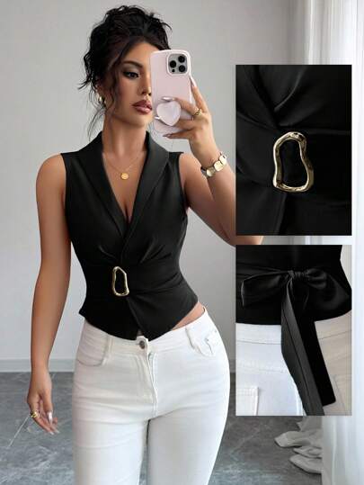 Elenzga Camisa de mujer con botones metálicos negros de estilo elegante y antiguo