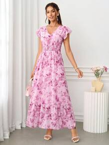 Ellevyn 女士优雅粉色印花网纱连衣裙，适合度假、下午茶、外出、约会、上学、音乐会、教师节等场合，也可作为夏季连衣裙、婚礼宾客礼服、度假装、粉色连衣裙、生日装等。 - 彩色 - 查看 9