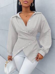 SOLERSUN 女式条纹印花纽扣前开襟衬衫，不对称下摆，蝙蝠袖，裹身衬衫，秋季，长袖，优雅，日常通勤，外出，休闲 - 灰色 - 查看 1